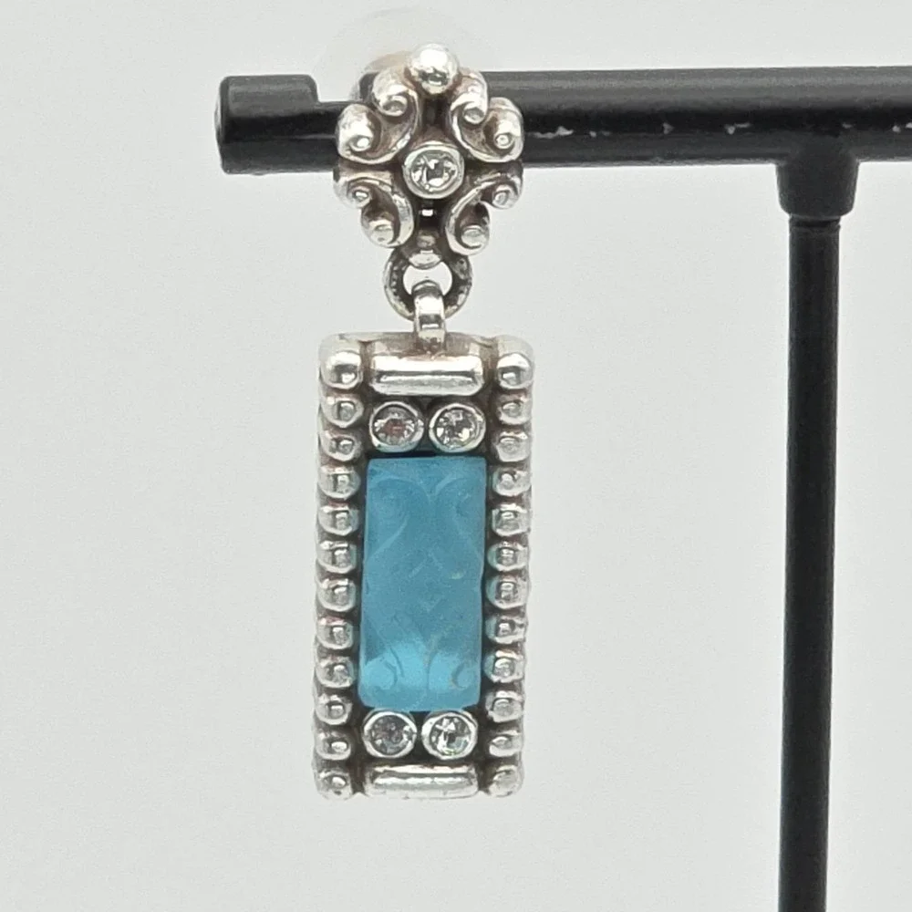 BRIGHTON Earrings Vibrant Aqua Crystal Scroll Silver Plate Dangle Drop 1.75